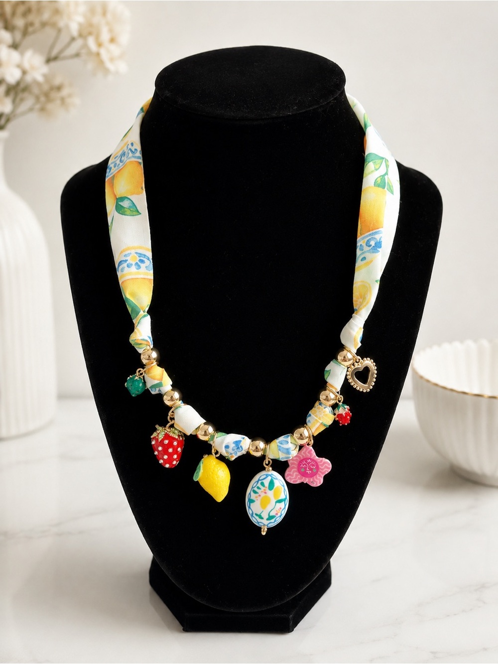 Lemon Print Scarf Charm Necklace – Colorful Fruit Statement Jewelry - Picture 3 of 3